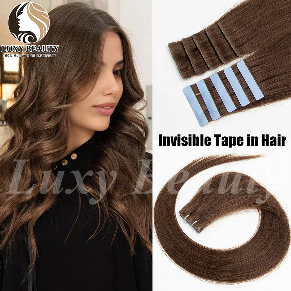

Brown Invisible Tape In Hair Extensions Human Hair Injected PU Tape Hair Extensions Natural Black Blonde Tape Ins Hair 10pcs