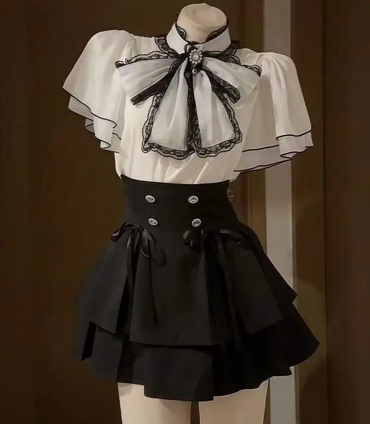 

Japanese Style Bowtie Lolita Dress Comfortable Chiffon Horn Sleeves Top Shirt Short Skirt Set Girls Halloween Cosplay Suit Y2K