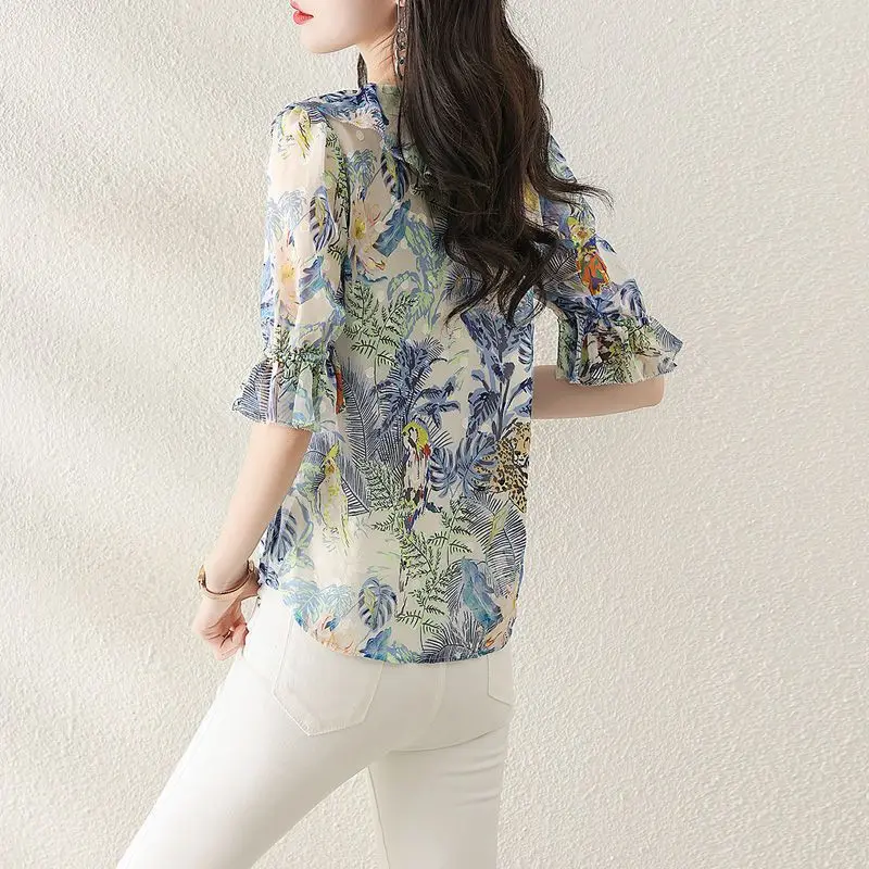 Women Ruffle Floral Print Sweet Chic Blouses 2023 Summer Korean Fashion V Neck Short Sleeve Shirt Female Simple Casual Thin Tops