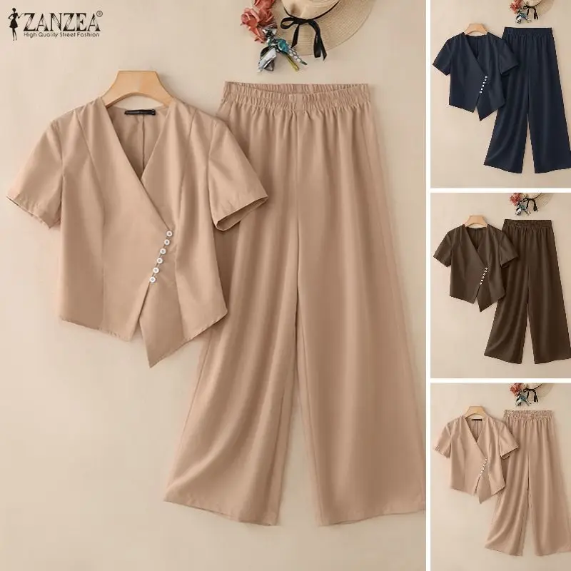 Modische Sommer 2-Teilige Sets ZANZEA Damen Hosenanzüge Kurzarm-Bluse Weite Hosen Einfarbige OL Arbeitsanzüge Outfits 2026
