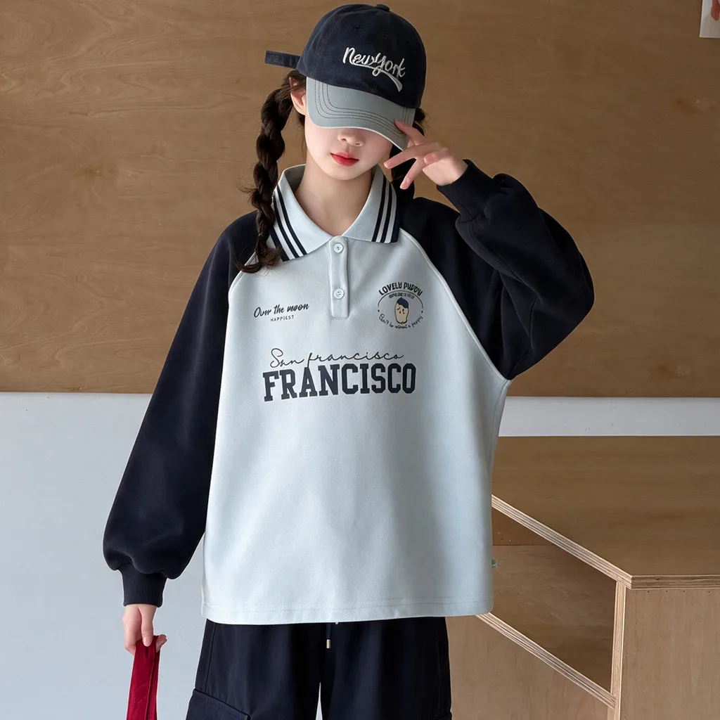 Girls Polo Collar Sweatshirt Blue Letter Print Long Sleeve Autumn Children Tops 2026