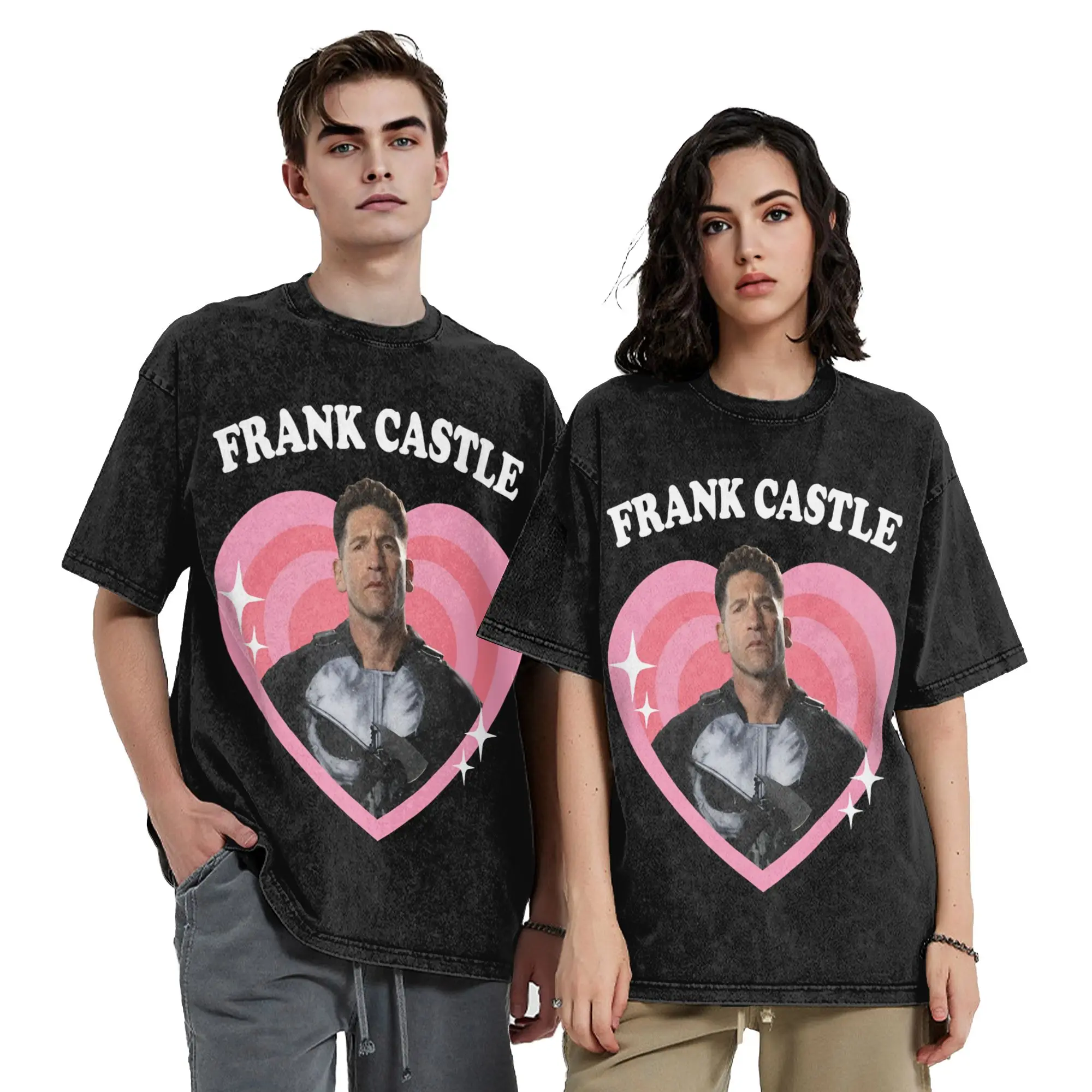 Frank Castle Retro Heart T Shirts Hip Hop Washed Short Sleeve Oversize T-Shirt  Casual Men Women Tops Streetwear Summer Tees