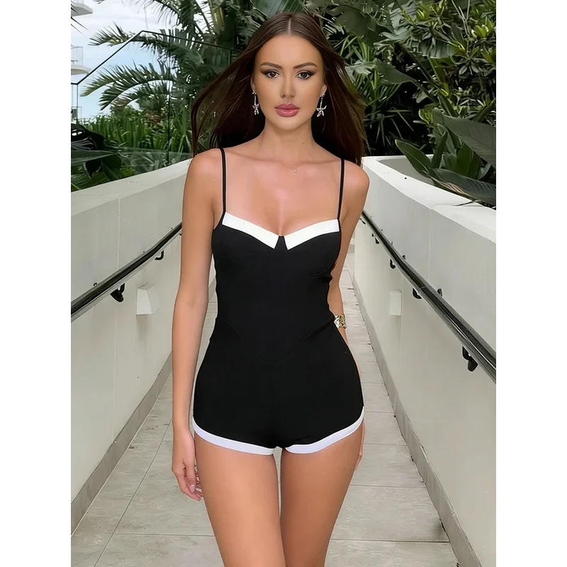 BKQU Contrast Patchwork Sleeveless Playsuits Woman Spaghetti Strap Elegant Sexy Square Neck Backless Skinny Club Party Rompers