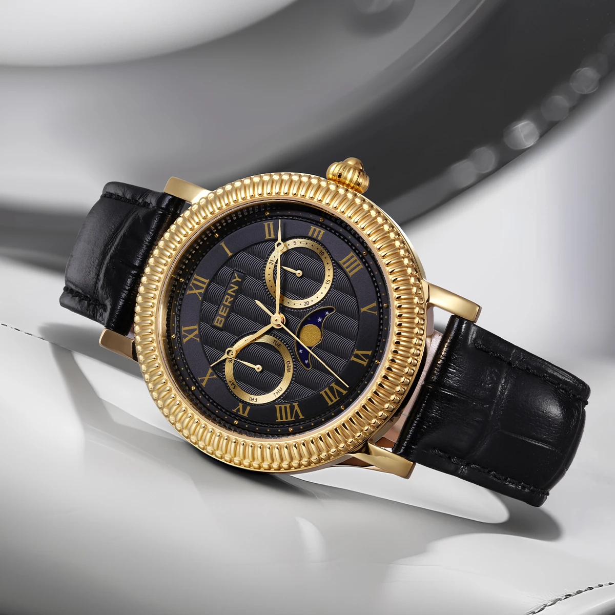 BERNY Uhren für Herren, Luxus-Kleidermarke, Business, Gold, Quarz, echte Monde, Herrenuhr, S/S, Saphir, Kalender, Mondphase-Armbanduhr – Detail 13