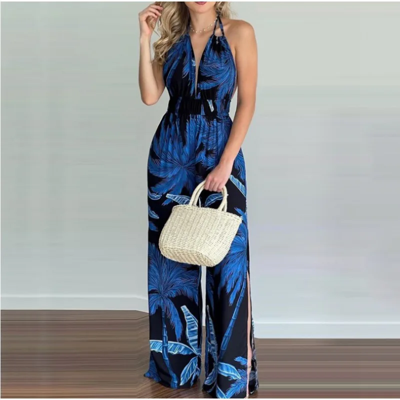 夏の新ファッション清新しいジャンプスーツ恋人ヨーロッパとアメリカ怠惰な優しいスリング女性のデジタル印刷ワイドレッグジャンプスーツ