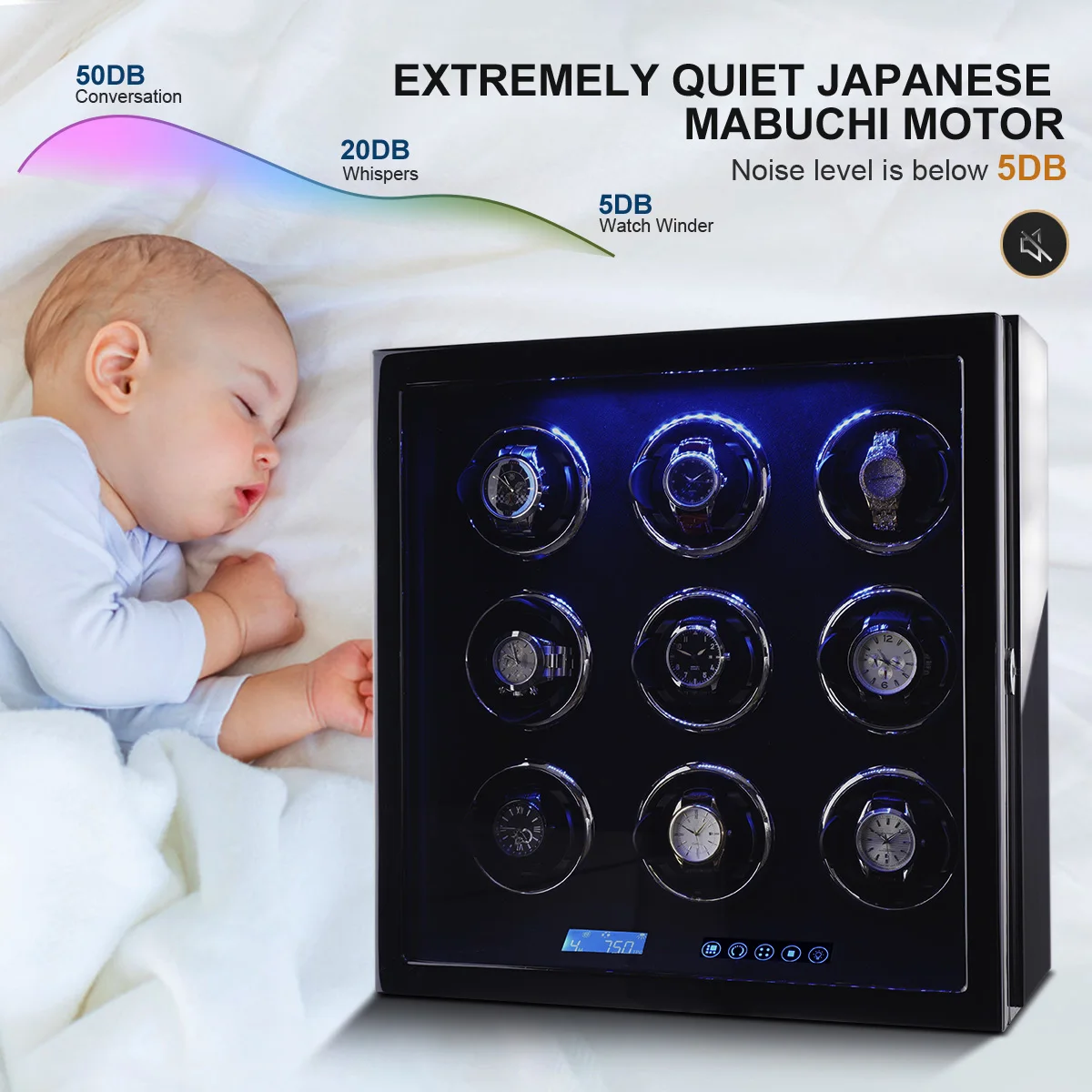 Custom Wholesale Factory Wholesale LCD Touch Screen Watch Boxes Automatic LED Light Wooden 9 Watch Winder Spinner