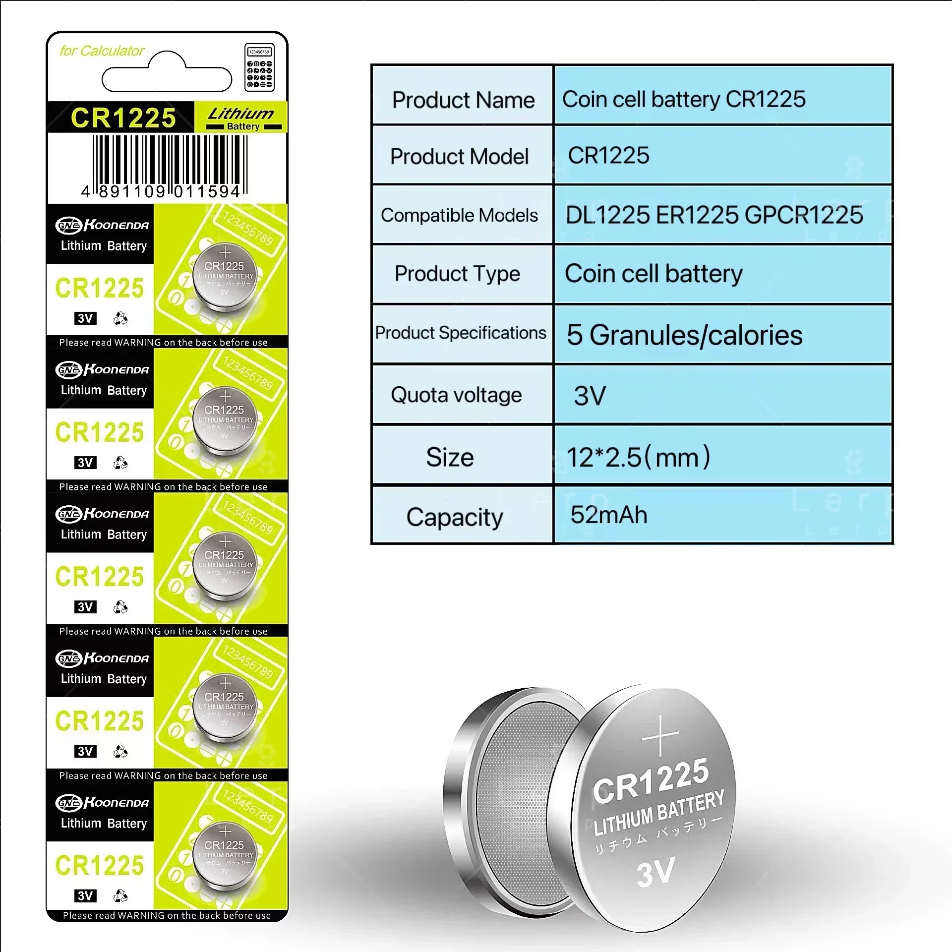 Batería CR1225 para llave de coche, pila de botón de 3V, 1225 electrónica