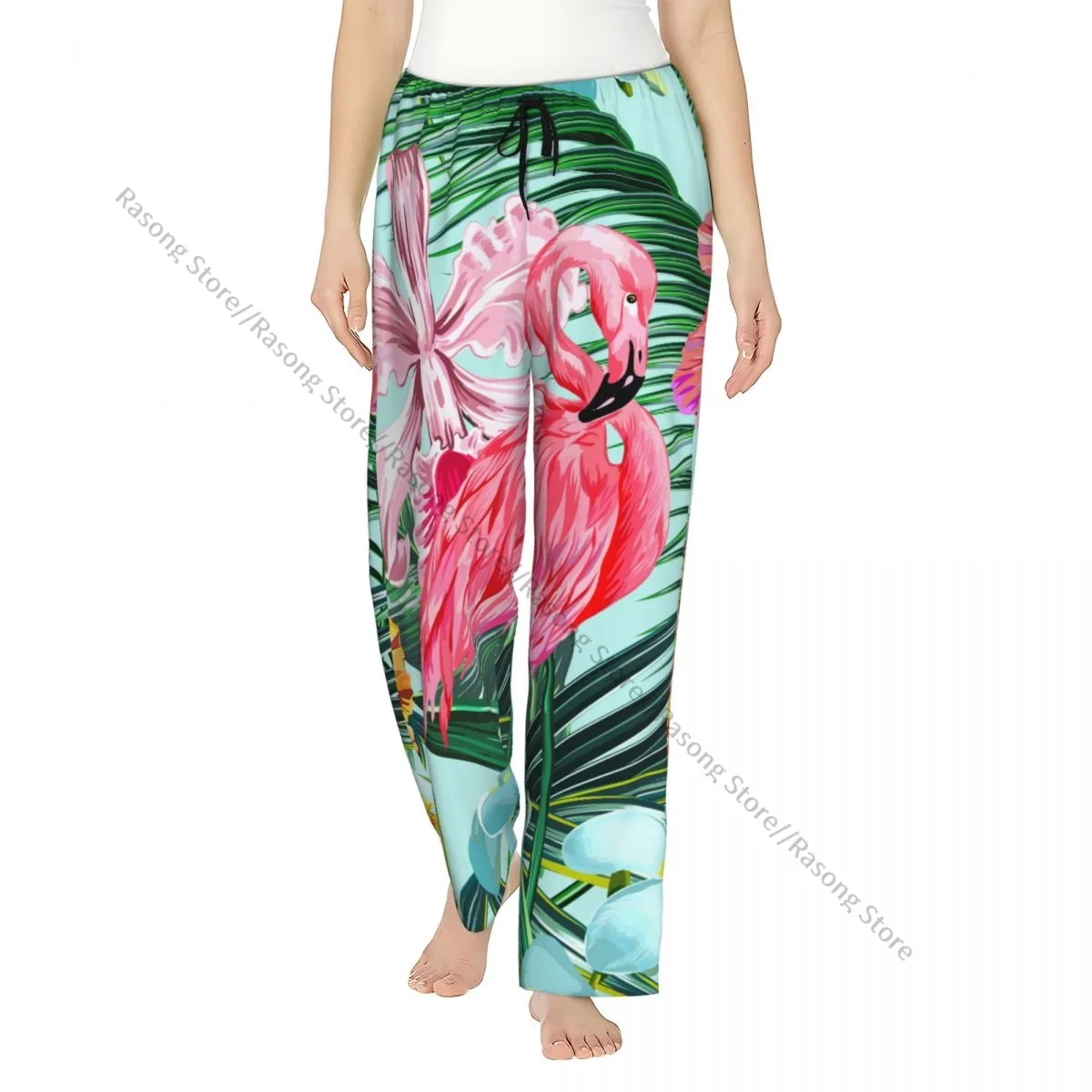 

Warm Women Pajama Pants Floral Tropical Pink Flamingos Hibiscus Orchid Flower Flannel Sleep Bottoms Soft Fleece Loungewear