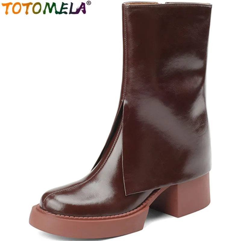 

TOTOMELA 2022 New Simple Zipper Retro Ankle Boots Winter Thick High Heels Dress Platform Shoes Genuine Leather Women Boots