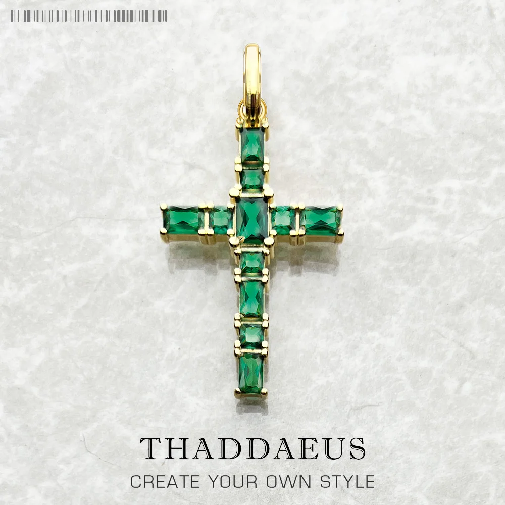 Gold Plated Cross Green Stones Pendant Brand New Fine Jewelry 925 Sterling Silver Accessories Stylish Gift For Woman