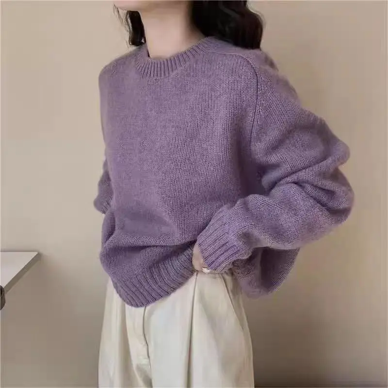 Super good-looking taro wool sweater for women autumn and winter loose large size round neck knitted pullover chic Korean jumper