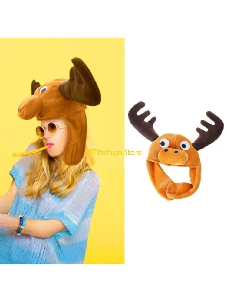 Y5GC Brown Plush Moose Hat Charm Animal Theme Headwear for Children and Adult Wear