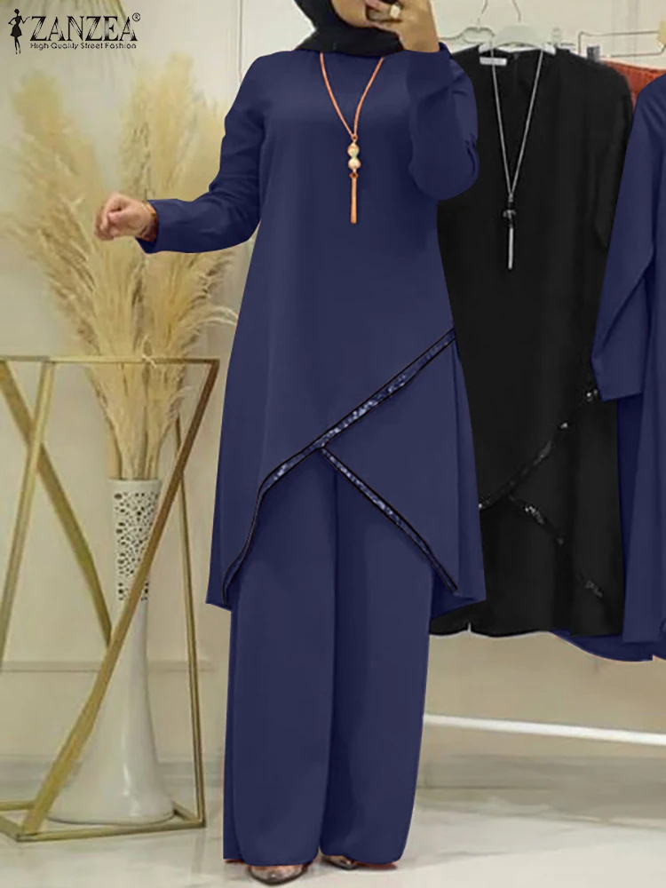 ZANZEA Fashion Tracksuit Muslim Women Long Sleeve Blouse Abaya Suits Sequins Islamic Clothing Loose Matching Sets 2PCS