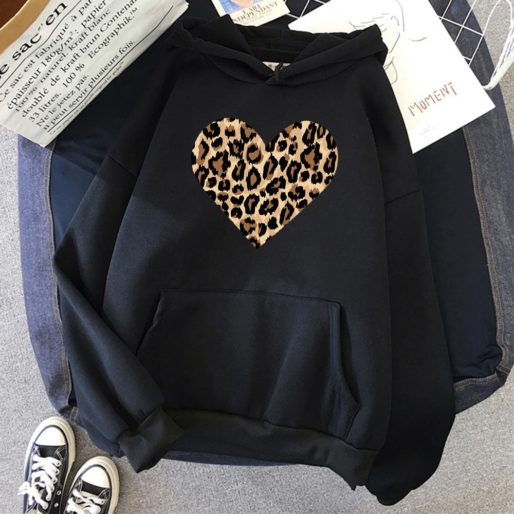 Creative Leopard Love Pattern Print Womens Hoody Loose Crewneck Hoodie Casual O-Neck Hoodies Breathable Fleece Sweatshirt Female