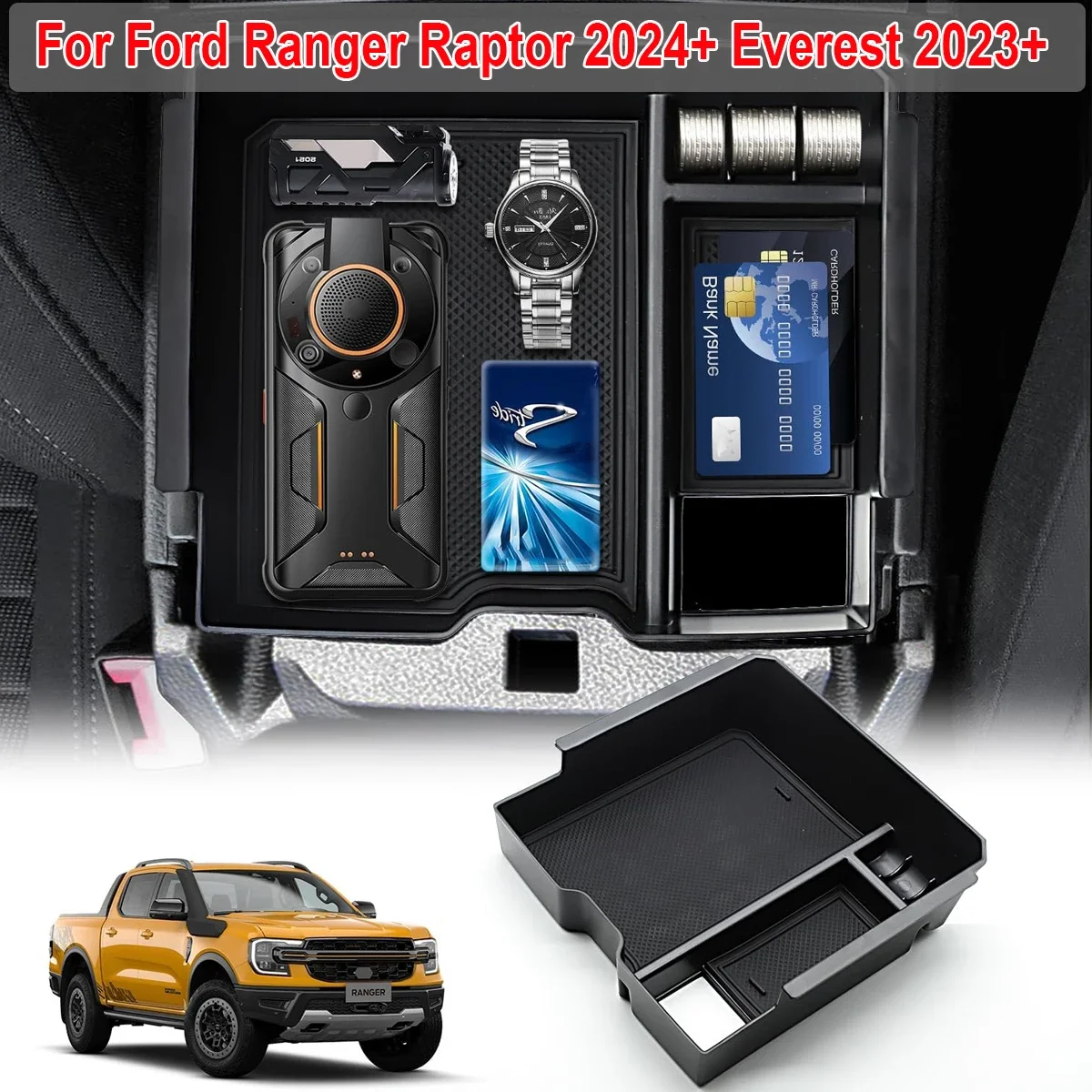 

Car Interior Console Armrest Box Storage For Ford Ranger Raptor 2024+ Everest 2023+ Coin Organizer Holder Container Accessories