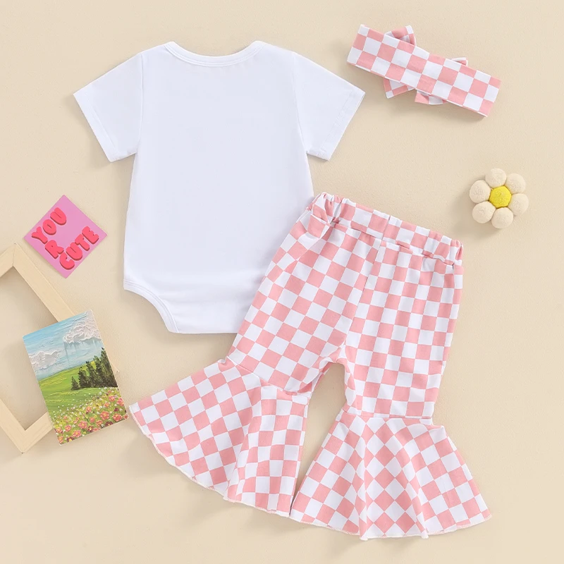 

Baby Girls Summer Outfit Letter Embroidery Short Sleeves Romper and Plaid Flare Pants Headband 3 Piece Clothes