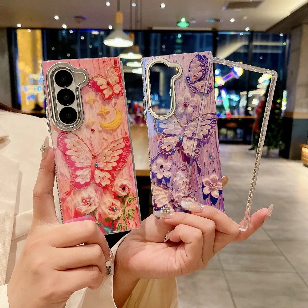Creative Colored Butterfly Pattern With Rhinestone Folding Phone Case For Samsung Galaxy Z Fold6/Z Fold5/Z Fold4 (Not 3D Effect)