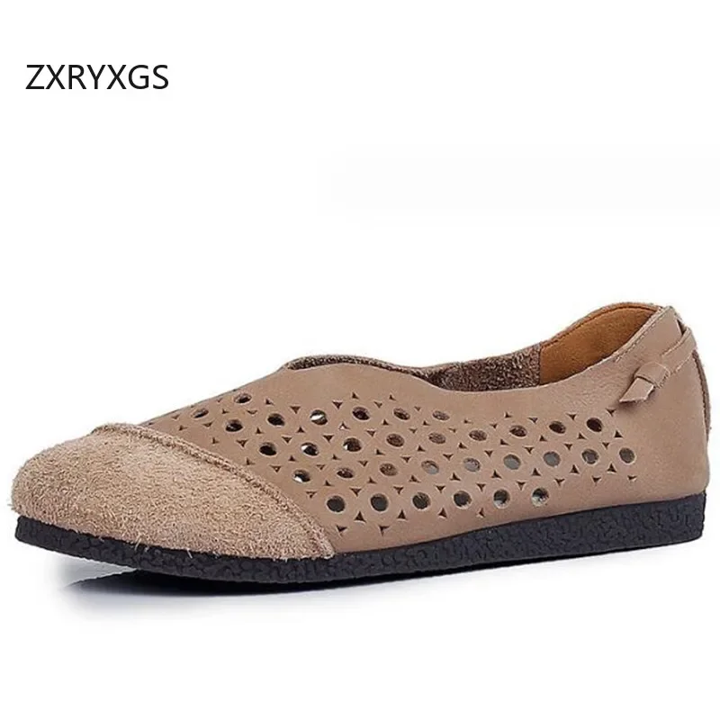 ZXRYXGS sandal wanita Flat, sepatu datar Retro sol lembut Premium penuh kulit asli berongga, Musim Panas 2024