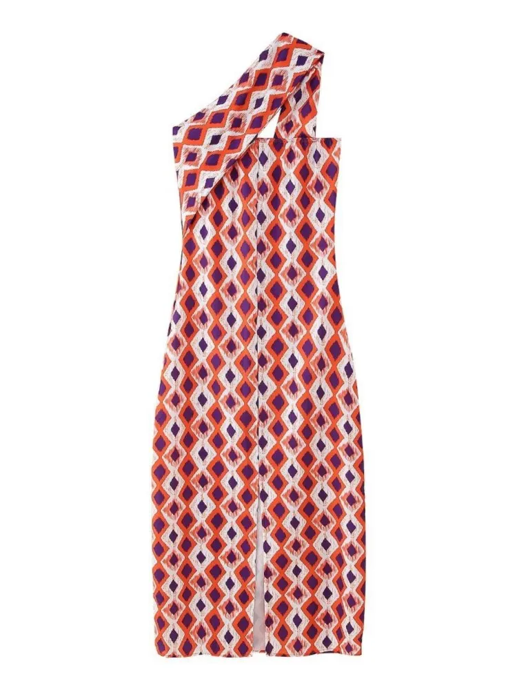 

2025 Summer Dresses For Women Fashion Printed Geometric Pattern Slim Halter Neck Dress