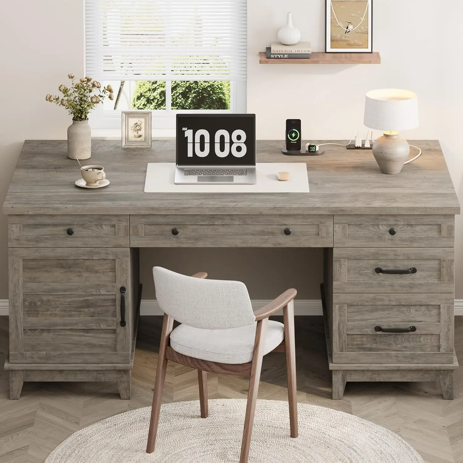 Farmhouse Style 60 Inch Executive Work Desk, Wood Home Office Writing Station with Adjustable Storage Cabinet, Charging Outlet, Mobile File Drawer for Home Study & Office Use, Gray