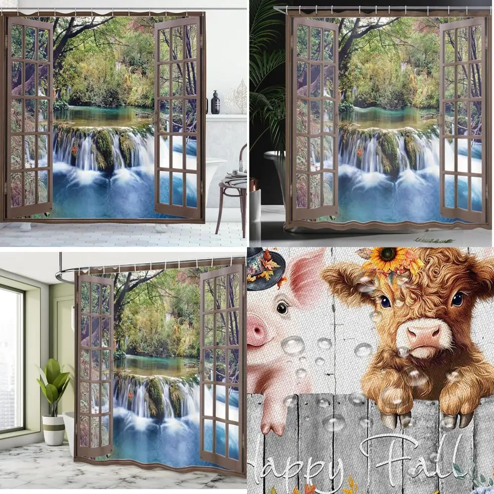 

Zasłona prysznicowa ambesonne с водопадом, широкий водопад, глубокий вниз в лесу, показанный из городского окна, эпический сюрреалистический принт, тканевая фабрика