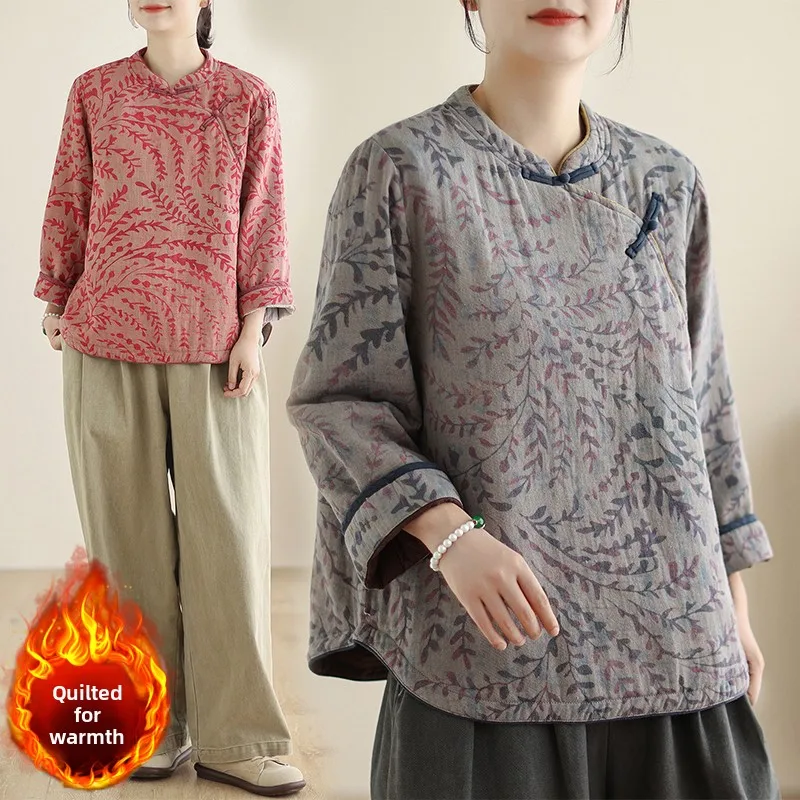 

Хлопковая куртка в стиле ретро в китайском стиле с воротником на пуговицах и пуговицами, зимнее пальто большого размера для женщин, повседневная хлопковая верхняя одежда