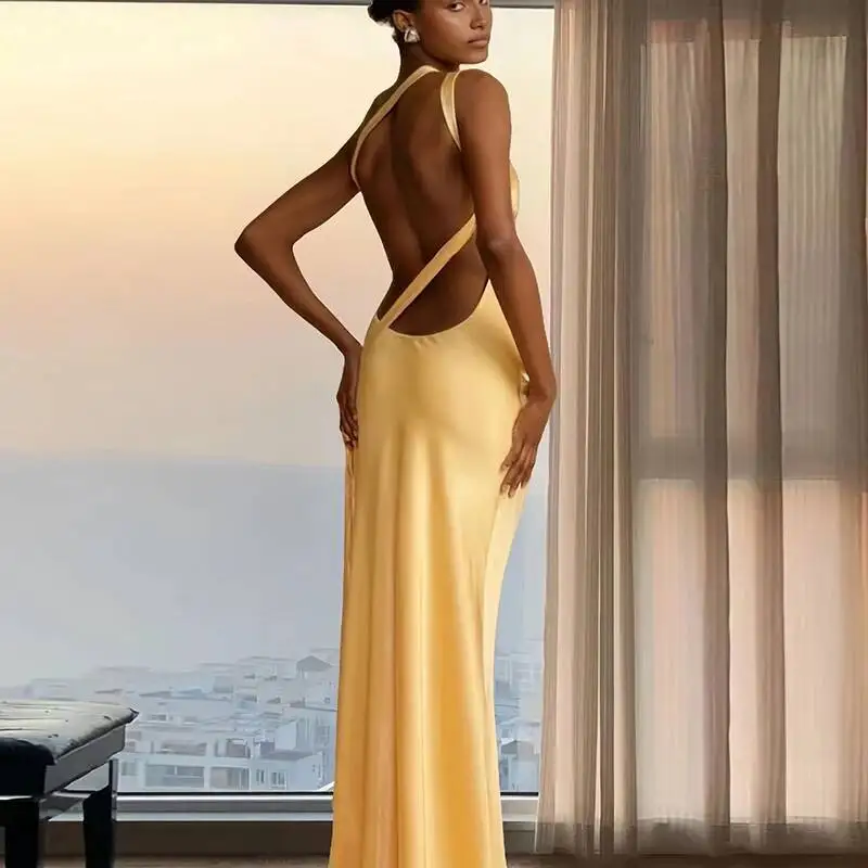 Vestido largo de satén Sexy para mujer, Vestidos de fiesta para discoteca, verano 2021, sin mangas, sin espalda, con cordones, sirena