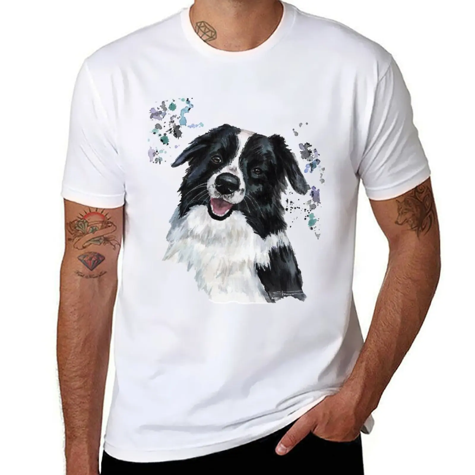 

Watercolour Border Collie T-Shirt cotton t shirts man 100% t shirt man cotton T-Shirt