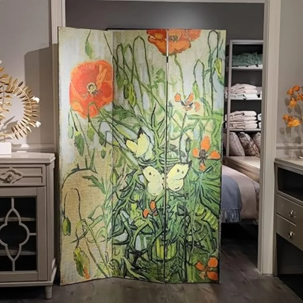 Room Divider Wood Privacy Screens Van Gogh's Butterflies and Poppies Painting Canvas 3-Panel Foldable