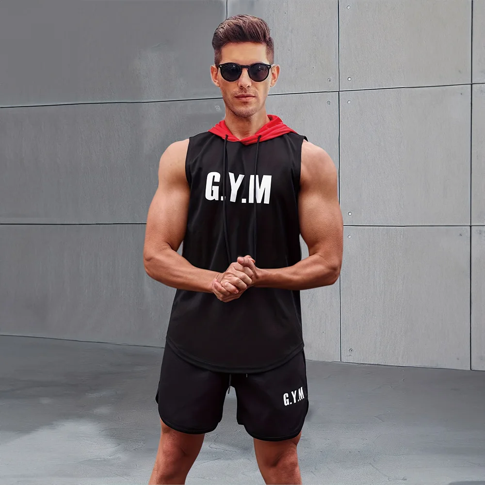 Men Fitness Sports Casual Bottom Shirt Sleeveless Hooded Vest Running Fitness Clothing Fashion Trendy Men Shorts Shorts Top Suit