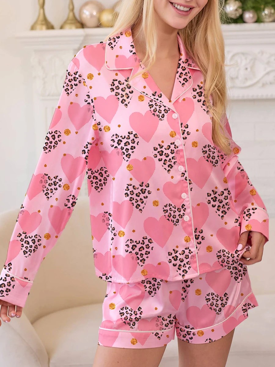 Women Valentine Day Lounge Set Long Sleeve Heart Print Shirt Shorts Sleepwear