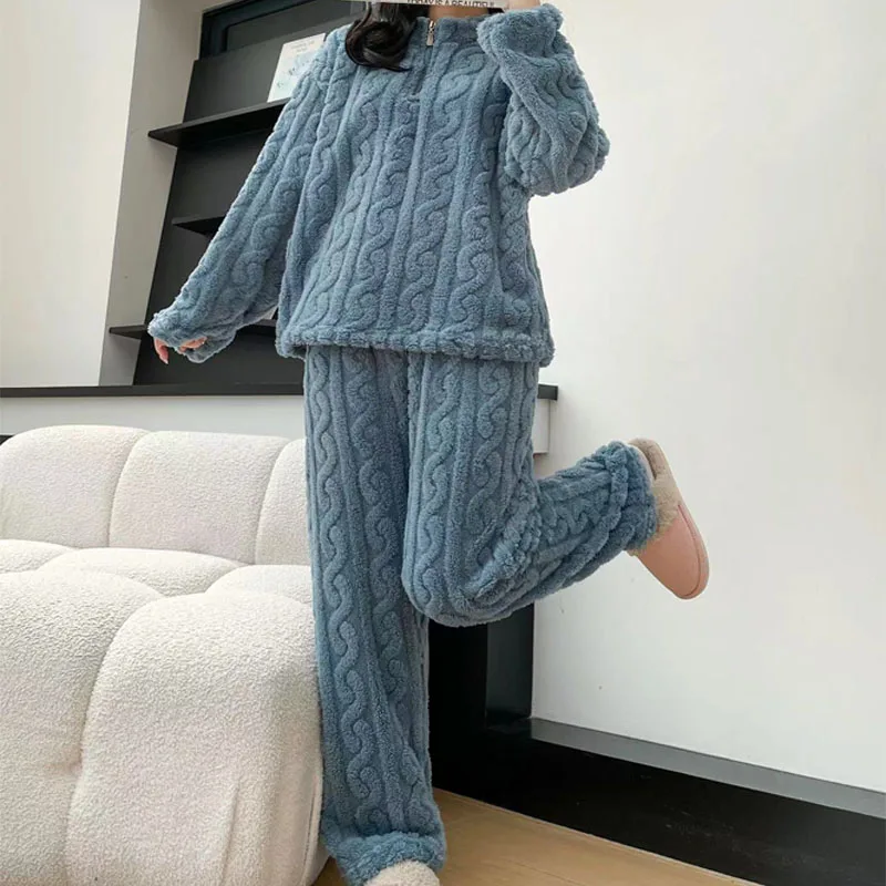 2PCS/Set Thickened Warm Fashion Coral Velvet Pajamas Fall Winter Padded Ladies Casual Elastic Striped Comfortable Homewear