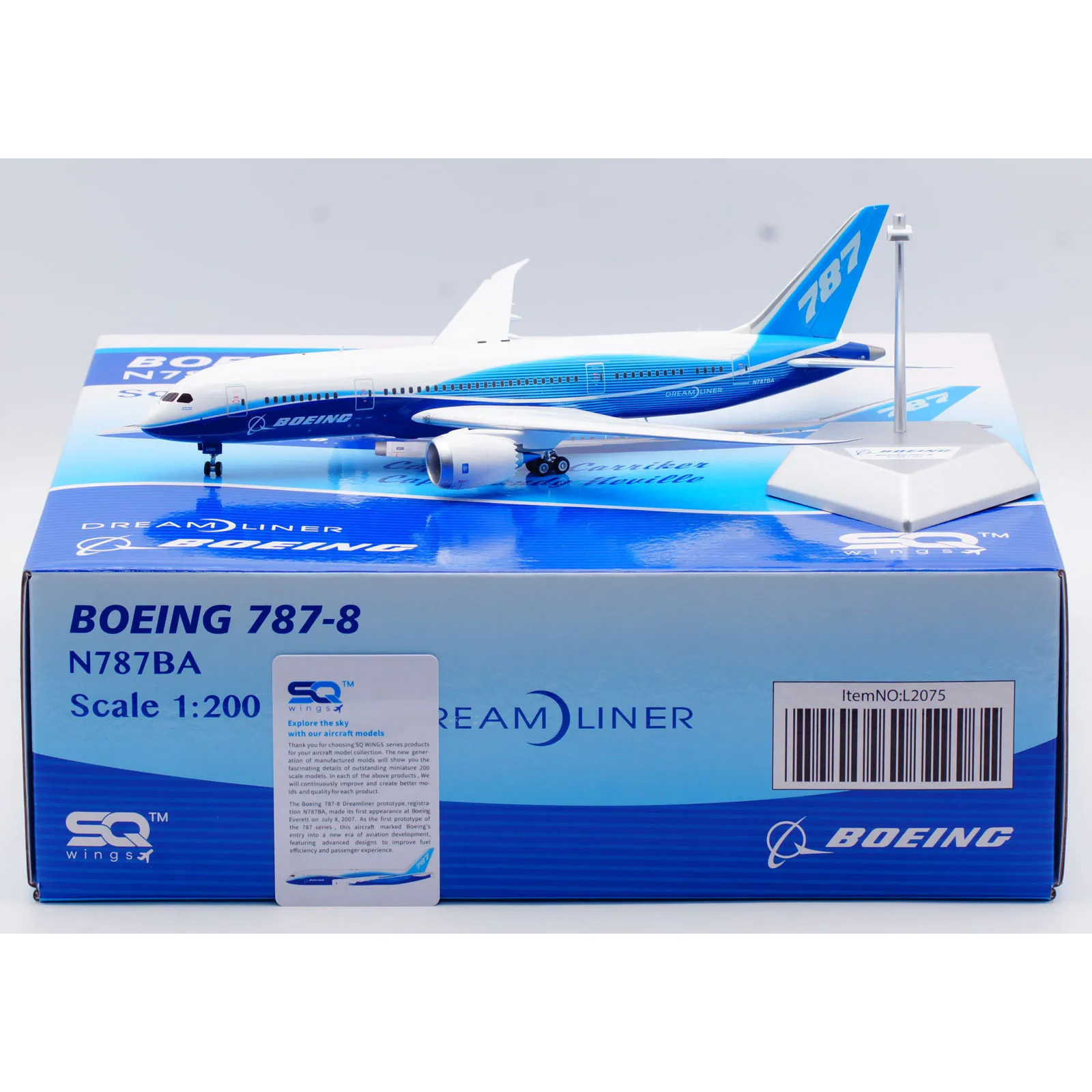 L2075 Alloy Collectible Plane Gift SQ Wings 1:200 Boeing [House Color] B787-8 Diecast Aircraft Jet Model N787BA With Stand