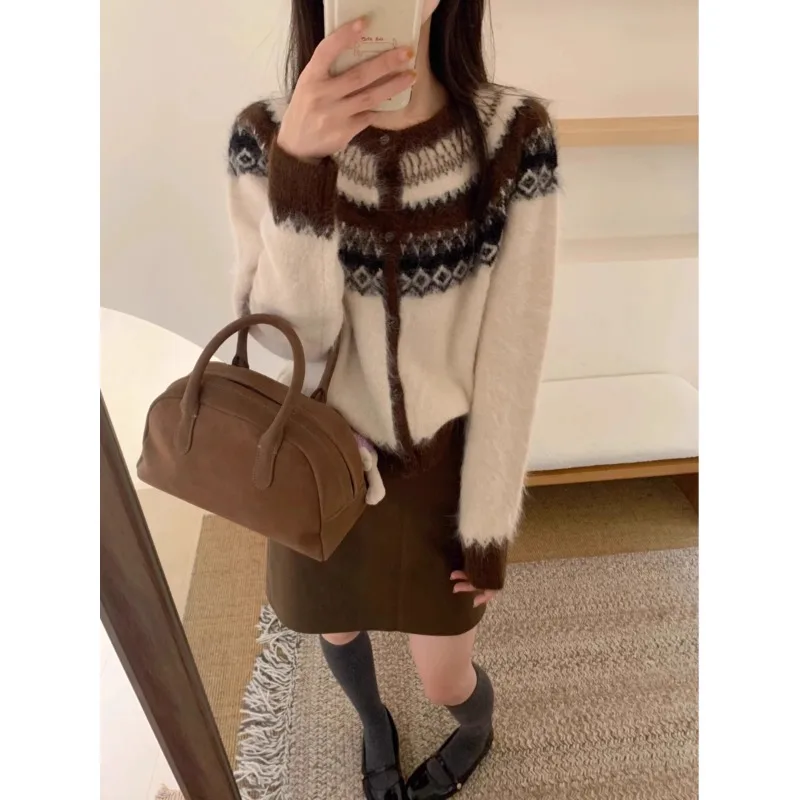 

Women Fair Isle Sweater Soft Knit Roundd Neck Button-up Jacket Cozy Cardigan Teen-girl Fall Winter Nordic Vintage Outfit