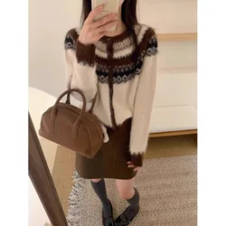 Women Fair Isle Sweater Soft Knit Roundd Neck Button-up Jacket Cozy Cardigan Teen-girl Fall Winter Nordic Vintage Outfit