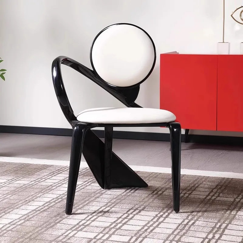 Black new small apartment dining chair leather creative backrest solid wood leisure chair