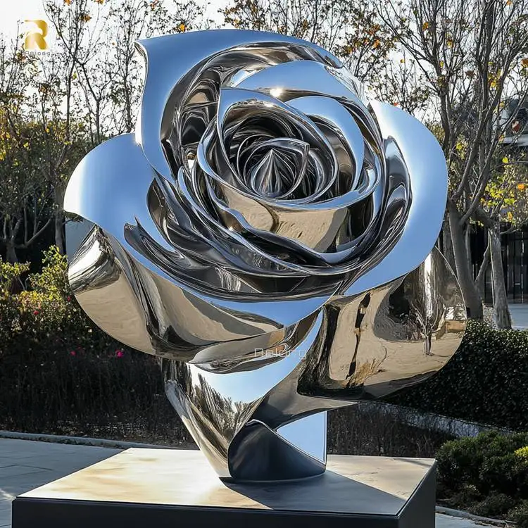 نحت زهرة معدنية مزخرفة كبيرة للحديقة، نحت ورد من الفولاذ المقاوم للصدأ #2