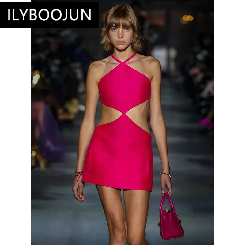 Solid Nude Women Summer Style Sexy Backless Cut Out Bow Tie Hot Pink Mini Bodycon Bandage Dress 2024 Elegant Evening Party Dress