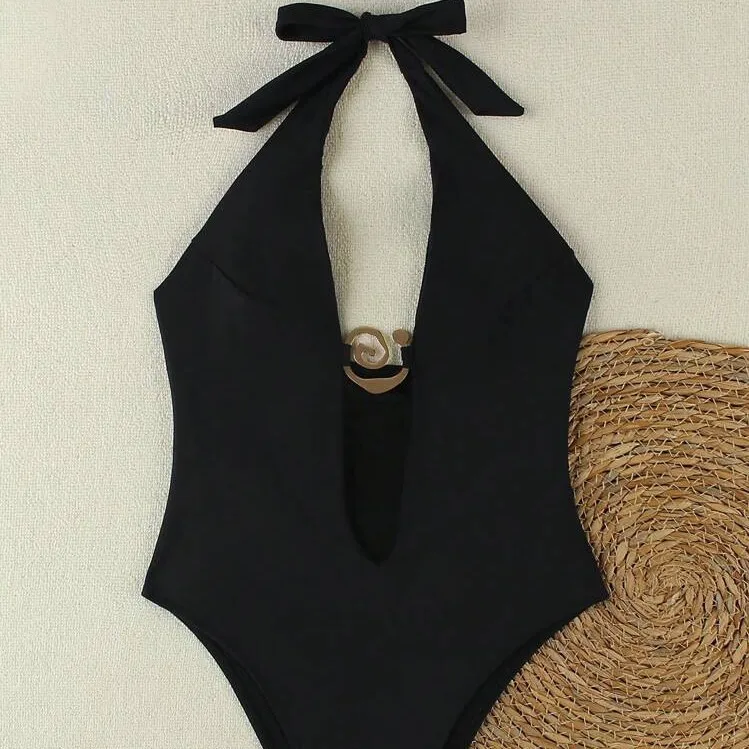 New Bikini Solid Color One-piece Neck Tie Swimsuit Sexy Deep V Bikini Women Bathing Suit Beach Style