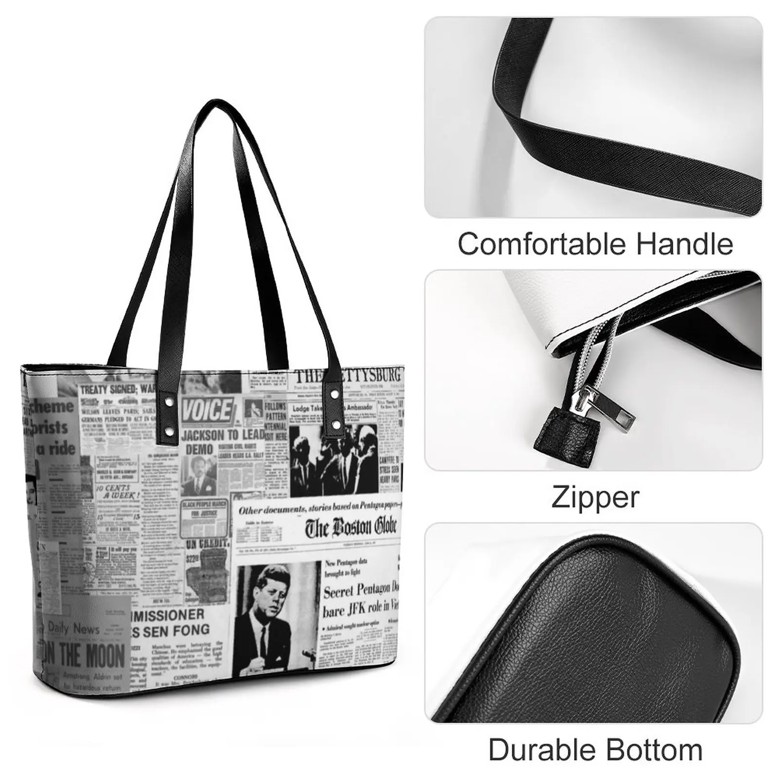 Newspaper Collage Handbags Old American Newspapers PU Leather Shoulder Bag Student Grocery Print Tote Bag Casual Shopper Bags