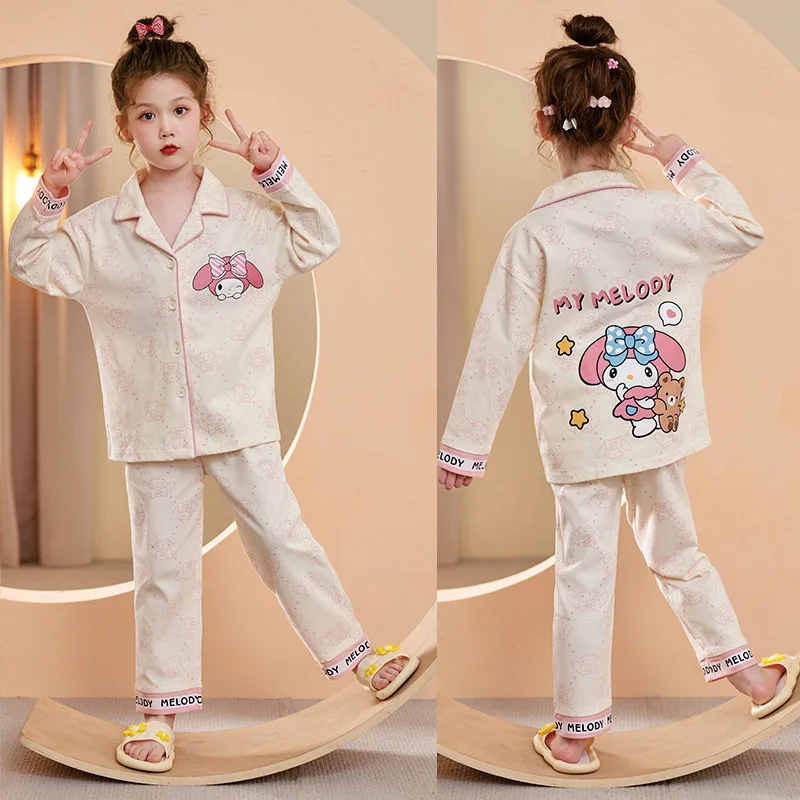 Spring Kawaii Miniso  Children's Cotton Sleepwear  Mother Kias Set Anime Kuromi My Melody CinnamorollGirl Loungewear