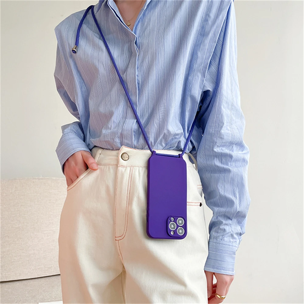 Crossbody Necklace Lanyard Cord Strap Liquid Silicone Case For iPhone 16 15 13 11 12 14 Pro Max XS XR X 8 7Plus Soft Candy Cover image 5