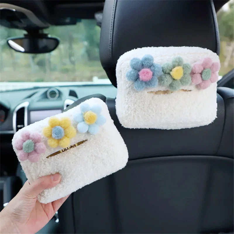 Cute Cartoon Plush Color Flowers Car Headrest Tissue Box Paper Tower Holder Auto Visor Hanging Organizer Styling Car Accessories