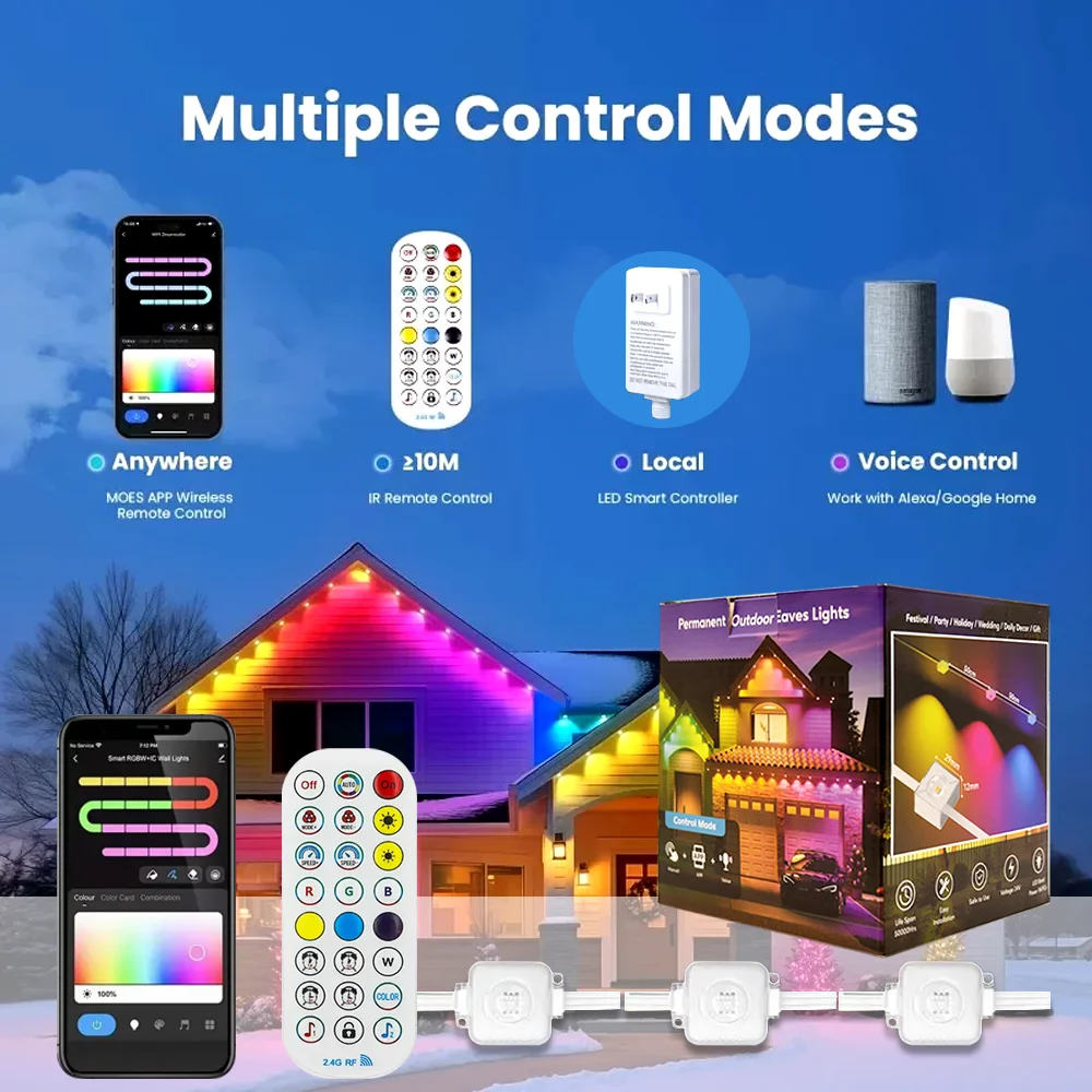 External Permanent RGB IC Waterproof Smart Light String, with Music-Synchronized Dynamic Lighting Effects for Holiday Decoration