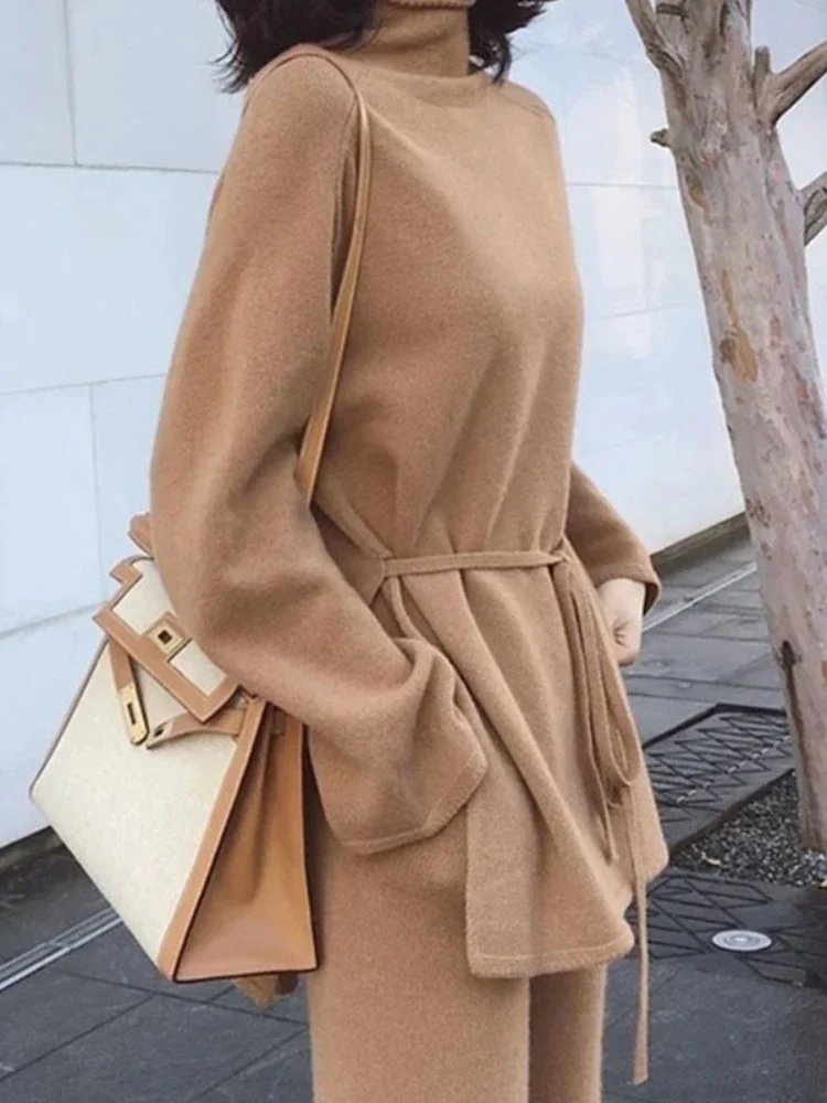 

Осенне-зимний вязаный женский пуловер, комплект из двух предметов, свитер с высоким воротником, топы, широкие брюки, комплекты из 2 предметов, женские наряды