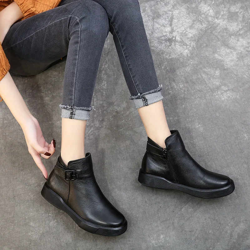 GKTINOO Winter Genuine Leather Ankle Boots Round Toe 2024 Handmade Lady Soft Flat Shoes Comfortable Side Zip Short Boot