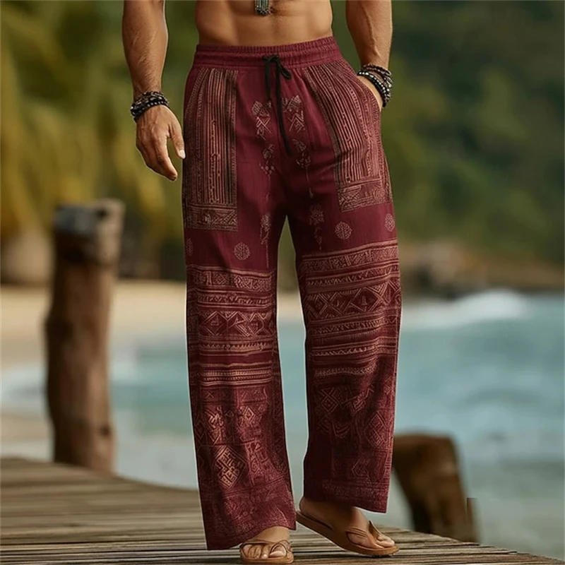 Men's Casual Lightweight Wide-Leg Pants Bohemian-Style Floral Print Casual Pants Plus Size Loose Fit with Drawstring