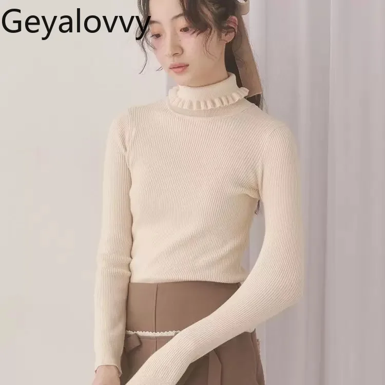 Pull polyvalent à Base de couleur unie pour filles, doux, polyvalent, mignon, bord à volants, haut tricoté fin, nouvelle collection automne hiver