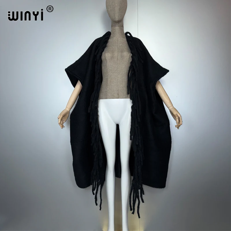 

WINYI Winter Women cardigan Solid color abaya dubai luxury Fur Neutral coat Loose dress over poncho tassels jacket kimono top