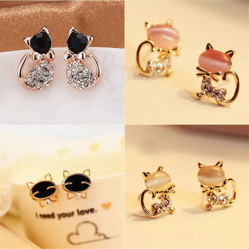 Sell Fashion Earrings Fashion Jewelry Lovely Rhinestone Cat Earrings Cute Cat Stud Earrings For Women Girls Gift Wholesale